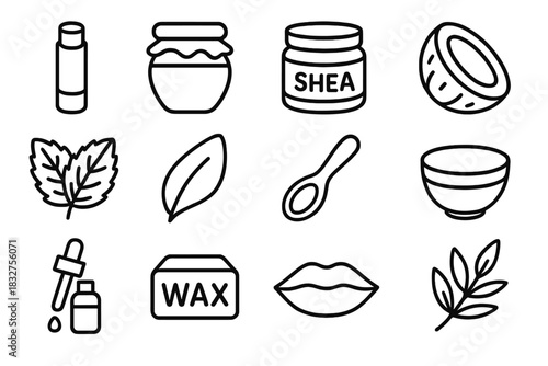Natural Lip Care Icons. Natural Lip Care linear icon set: lip balm tube, honey pot, shea butter jar, coconut slice, mint leaf, flower petal, wooden spoon, small bowl, essential oil