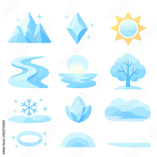 Crystal Sunrise Icons. Crystal Sunrise flat icon set : glassy mountain, sparkling frost, glowing sky, shining sun, frozen river, bright reflection, frost-covered tree, morning mist