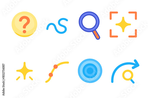Modern Inquiry Icons. Wonder Path flat icon set: glowing question orb, wandering thread, search lens, opening frame, spark dot, curved trail, inquiry ripple, guiding arc