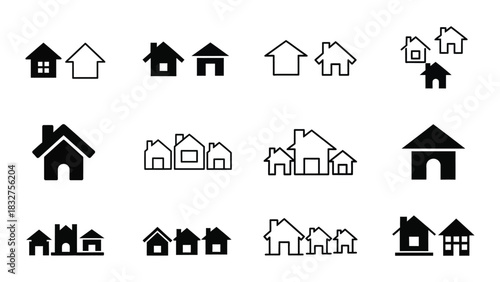 Collection of simple black and white house icons representing various residential buildings
