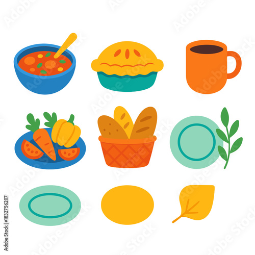 Seasonal Food Icons. Seasonal dishes flat icon set : bowl of stew, baked pie, roasted vegetables, bread basket, plate, leaf sprig, mug, sparkle