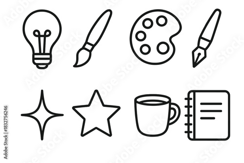 Creative Tools Icons. Innovation and Art Set linear icon set: light bulb, brush, palette, pen, spark, star, cup, notebook
