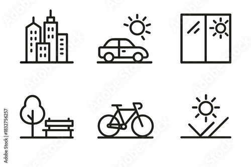 Cityscape Morning Icons. Urban Sunshine linear icon set: city skyline, morning commute, shining window, park bench, bicycle, sunlight reflection