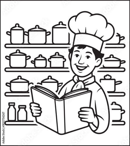 A cute chef making food in the kitchen black vector outline for children coloring page design traditional cooking book