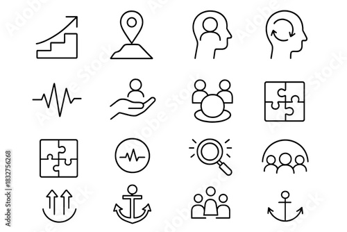 Team Resilience Icons. Team Resilience Set linear icon set: recovery step, challenge marker, mindset shift arrow, steady rhythm line, mentoring hand, common ground icon, solution