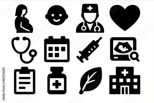 Maternal Care Icons. Maternal Care silhouette icon set: pregnant woman, baby, doctor, heart, stethoscope, calendar, syringe, ultrasound device, clipboard, vitamin bottle, leaf
