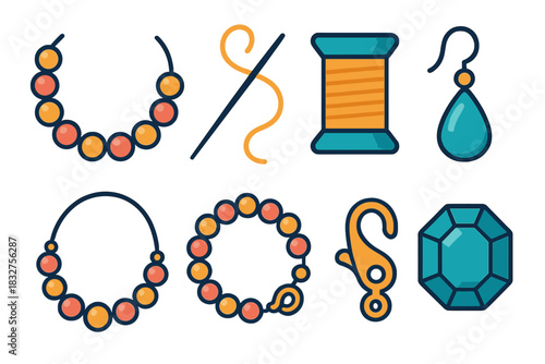 Colorful Jewelry Icons. Handmade Jewelry flat icon set: bead strand, needle, thread spool, earring, necklace, bracelet, clasp, gemstone