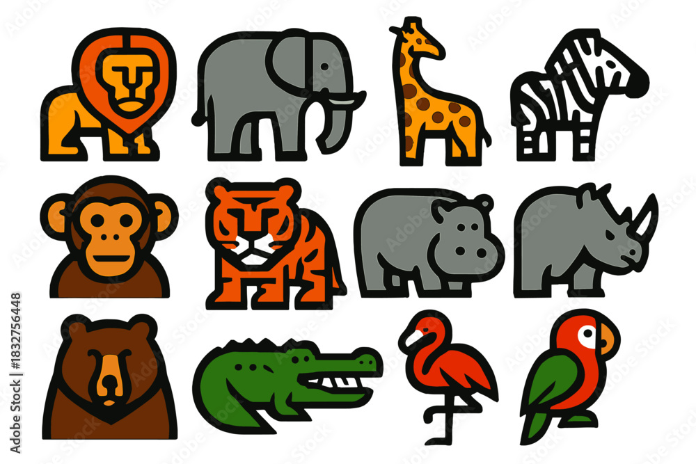 Naklejka premium Bold Zoo Icons. Zoo life silhouette icon set. lion, elephant, giraffe, zebra, monkey, tiger, hippo, rhino, bear, crocodile, flamingo, parrot