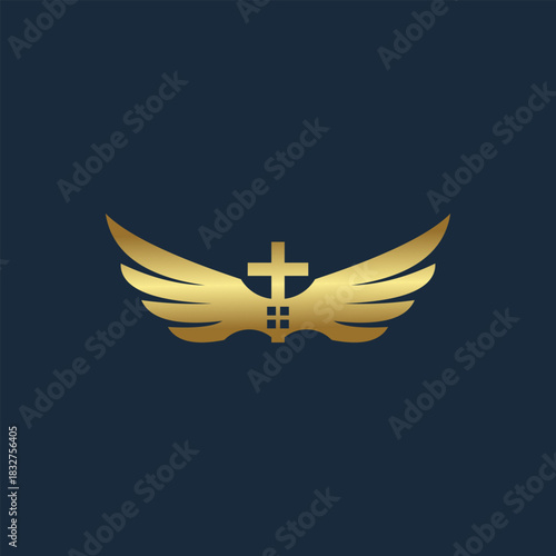 Christian ministry symbol with golden angel wings protecting a cross and a house, representing faith and community sanctuary