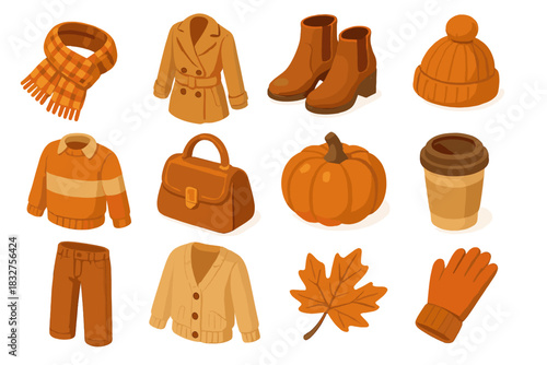 Autumn Fashion Icons. Autumn Trends flat icon set : plaid scarf, trench coat, ankle boots, wool hat, layered sweater, leather bag, pumpkin, hot drink, corduroy pants, knit cardigan