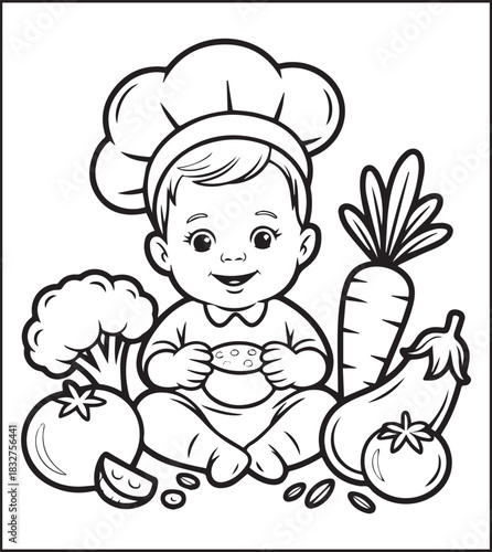 A cute chef making food in the kitchen black vector outline for children coloring page design traditional cooking book