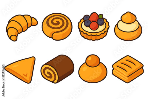 Vibrant Pastry Icons. Fresh Bakery Pastries Icons flat icon set: croissant, danish swirl, fruit tart, cream puff, turnover, chocolate roll, brioche, puff pastry