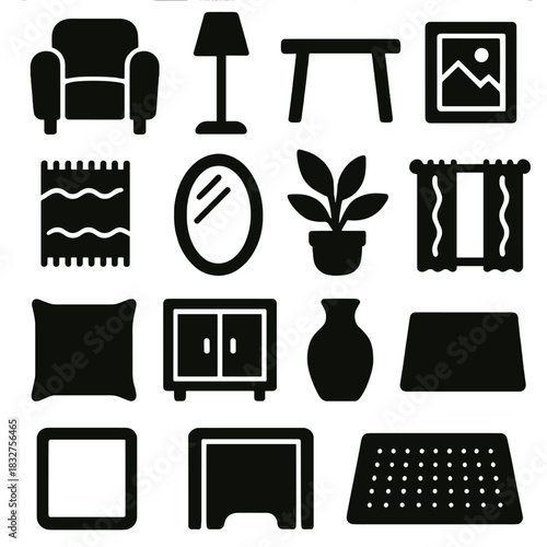 Brutalist Room Icons. Room Styling Elements silhouette icon set. armchair, lamp, table, painting, rug, mirror, plant, curtain, pillow, cabinet, vase, floor mat
