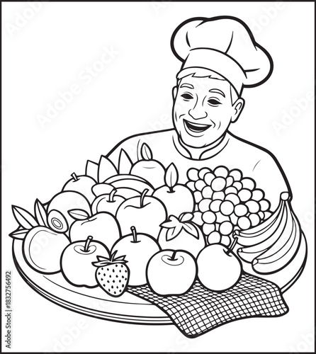 A cute chef making food in the kitchen black vector outline for children coloring page design traditional cooking book