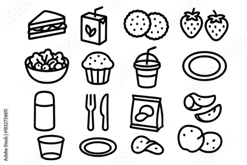 Picnic Essentials Icons. Outdoor Picnic Treats linear icon set: sandwich halves, juice box, crackers, strawberries, salad bowl, muffin, plastic cup, paper plate, thermos, utensils