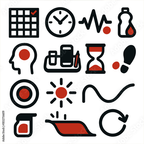 Brutalist Habits Icons. Labor Day Everyday Habits Collection silhouette icon set: habit tracker, routine clock, progress pulse, hydration reminder, mindful moment, organized tray