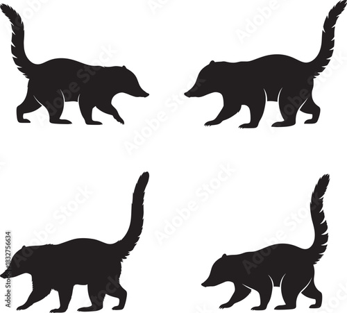 Coati silhouette pattern four black animals on white background for design