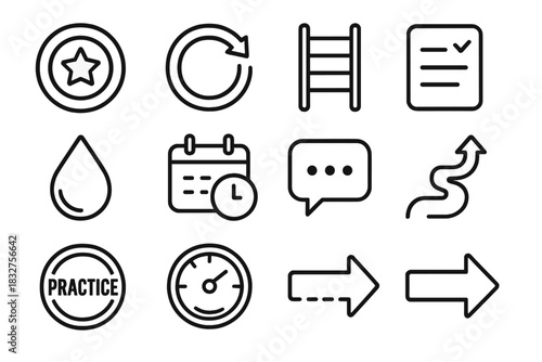 Creative Discipline Icons. Creative Discipline Kit linear icon set: focus badge, repetition loop, habit ladder, mini-exercise card, idea snippet note, creative energy drop