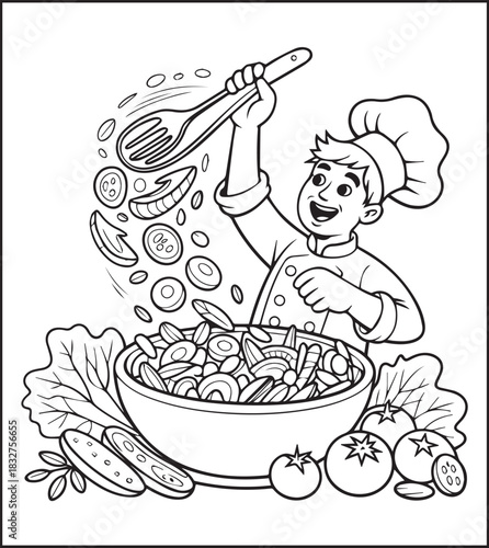 A cute chef making food in the kitchen black vector outline for children coloring page design traditional cooking book
