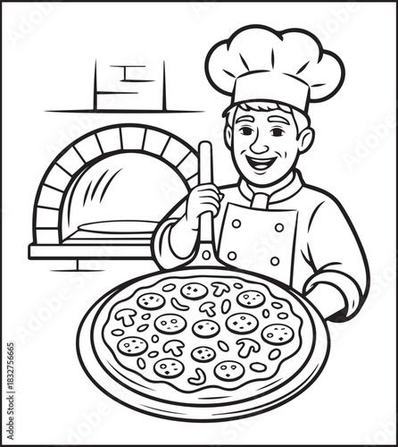 A cute chef making food in the kitchen black vector outline for children coloring page design traditional cooking book