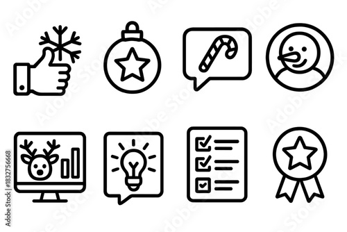 Festive Icon Designs. Festive User Recommendations linear icon set: snowflake thumbs up, ornament review star, candy cane comment bubble, frosty avatar, reindeer chart, glowing