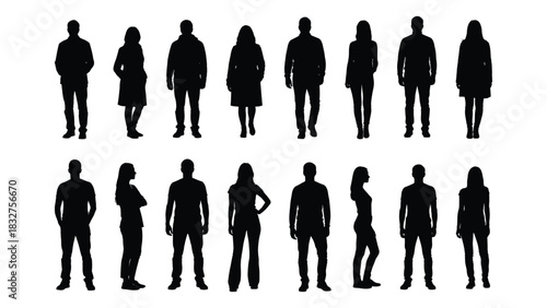 Collection of diverse human silhouettes standing in two rows against a white background
