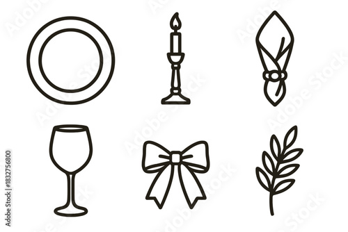 Elegant Table Setting. Elegant Dinner Table linear icon set: charger plate, candle holder, linen napkin, stemware, ribbon, greenery