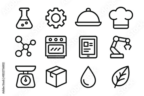Food Tech Icons. Food technology linear icon set. lab flask, gear, tray, chef hat, molecular symbol, oven, tablet, robotic arm, scale, packaging box, droplet, leaf