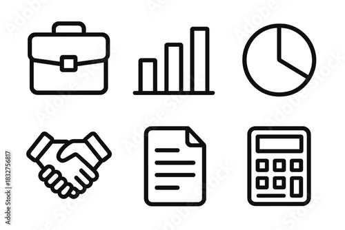 Business Essentials Icons. Business Essentials Set linear icon set: briefcase, bar chart, pie chart, handshake, document, calculator