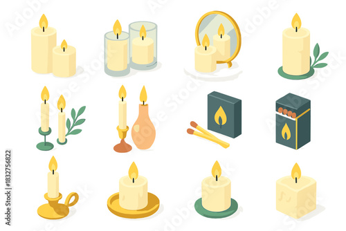 Elegant Candle Icons. Sophisticated Candle Display flat icon set: pillar candles, glass holders, marble tray, gold accents, mirror reflection, greenery sprig, taper candles, vase