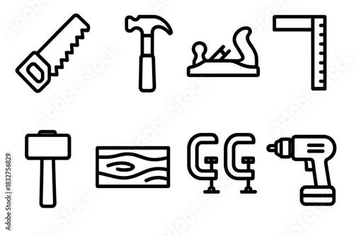 Carpentry Tools Icons. Carpentry Tools linear icon set: saw, hammer, plane, square ruler, mallet, wood plank, clamps, drill