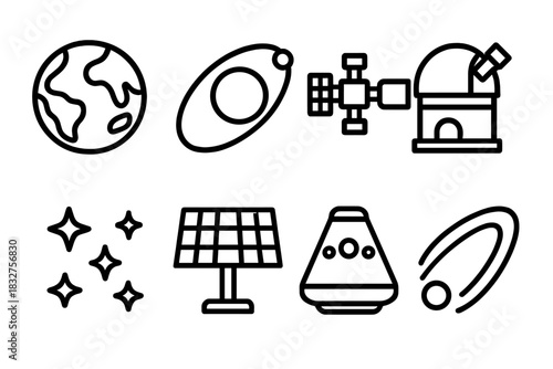 Orbital Exploration Icons. Orbital Exploration linear icon set. earth globe, orbit path, docking station, observation dome, star cluster, solar panel, capsule, cosmic trail