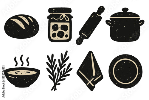 Rustic Kitchen Icons. Rustic Homemade Set silhouette icon set. bread, jam jar, rolling pin, pot, soup bowl, herbs, towel, plate.