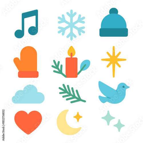 Vibrant Winter Icons. Frosted Voices flat icon set : music note, snowflake, candle flame, wool hat, mitten, pine branch, dove, radiant star, soft cloud, glowing heart, moonlight