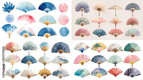 Watercolor folding fans in soft pastel and traditional Asian motifs, featuring delicate patterns and elegant shapes suitable for cultural, decorative, and festive design projects.