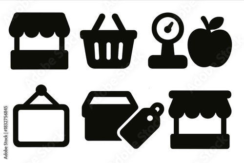 Bold Market Icons. Market Storefront Icons silhouette icon set: canopy, basket, scale, fruit, signboard, box, tag, awning