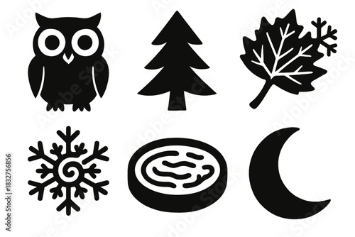 Winter Icon Set. Winter Haven silhouette icon set : snow owl, pine tree, frosted leaf, snowflake swirl, frozen pond, gentle moon
