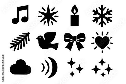 Festive Icons Set. Festive Tune silhouette icon set : music note, radiant star, candle flame, snowflake, pine branch, dove, ribbon bow, glowing heart, halo ring, soft cloud