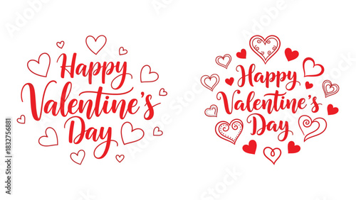 Two distinct circular arrangements of "Happy Valentine's Day" text, adorned with various heart shapes and decorative elements, presented on a white background.
