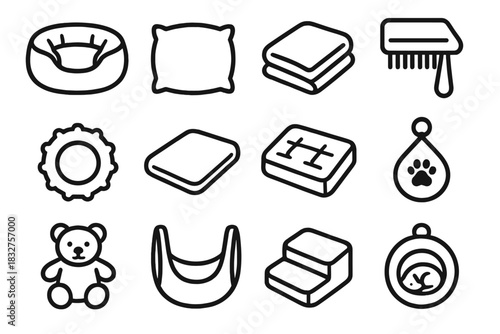 Cozy Pet Care Icons. Cozy Pet Care Items linear icon set: soft nest bed, comfort pillow, warm wrap, gentle grooming comb, soothing chew ring, restful foam mat, cozy crate pad
