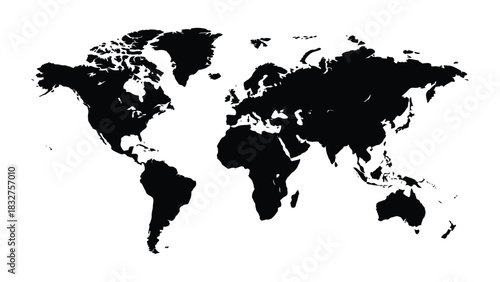 World map vector illustration. A stark black and white silhouette of the world map showing continents and landmasses
