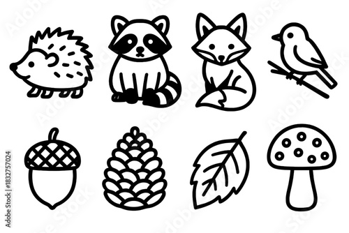 Forest Creature Icons. Autumn Forest Companions linear icon set: hedgehog, raccoon, fox, bird on twig, acorn, pinecone, fallen leaf, forest mushroom