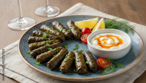  A beautifully arranged plate of stuffed vine leaves served with yogurt dip, lemon wedges, and cherry tomatoes, presented in a warm, inviting