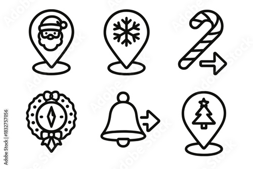 Festive Map Icons. Festive Map Set linear icon set: santa’s route pin, snowflake location, candy cane arrow, wreath compass, bell direction icon, holiday destination marker