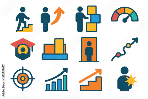 Career Growth Icons. Career Growth flat icon set: skill ladder, promotion arrow, capability blocks, progress gauge, learning badge, achievement bar, opportunity door, career path