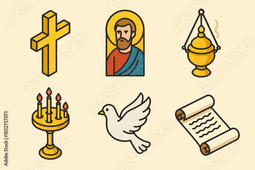 Vibrant Devotional Icons. Orthodox New Year Devotional Icons flat icon set: gold cross, saint icon, censer, candle stand, dove, scripture scroll