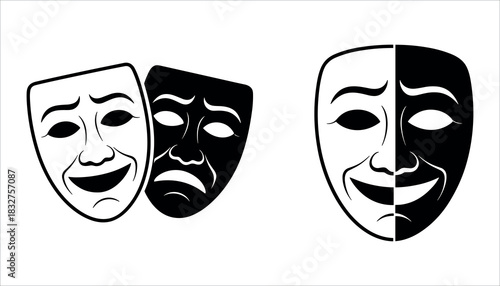 Black and white theater masks showing happy and sad emotions comedy tragedy