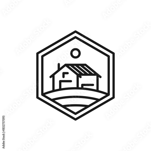 Hexagonal line art logo of a farmhouse on a hill with the sun, symbolizing real estate, rural living, and agriculture
