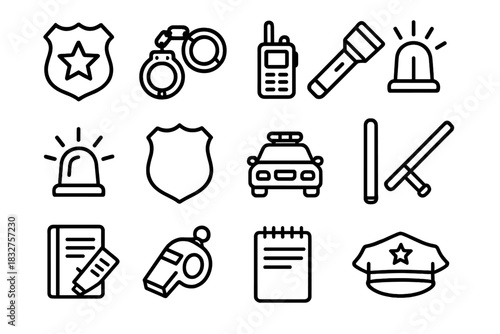 Police Gear Icons. Police Equipment linear icon set: badge, handcuffs, radio, flashlight, siren, shield, car, baton, ticket, whistle, notebook, hat