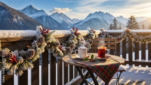 Winter scene with hot drinks on a snowy balcony overlooking majestic mountains covered in snow